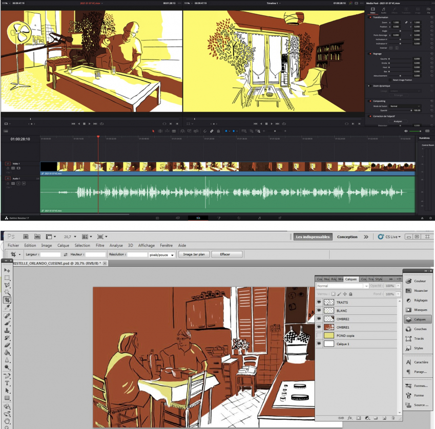 Captures d’écran des tâches respectives : Angela et son logiciel de montage, Malou et la mise en couleurs des illustrations. 